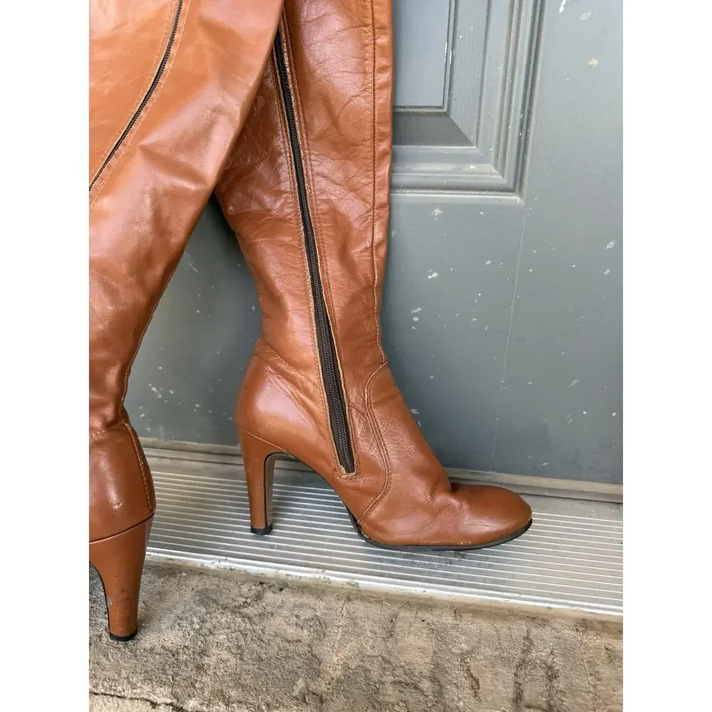 Vintage Brown Leather Knee High Heeled Boots US Women's 6M